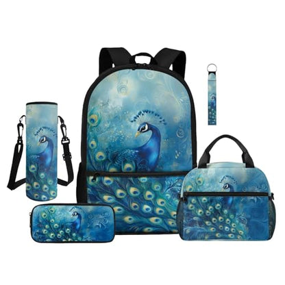 ZDCUSTOM Girls Backpack with Lunch Box, Peacock School Bookbag for 2nd 3rd Grade Girls, Cute School Backpack with Pencil Case & Water Bottle Cover & Keychain, Blue Schoolbags Sets 5PCS - color: Peacock