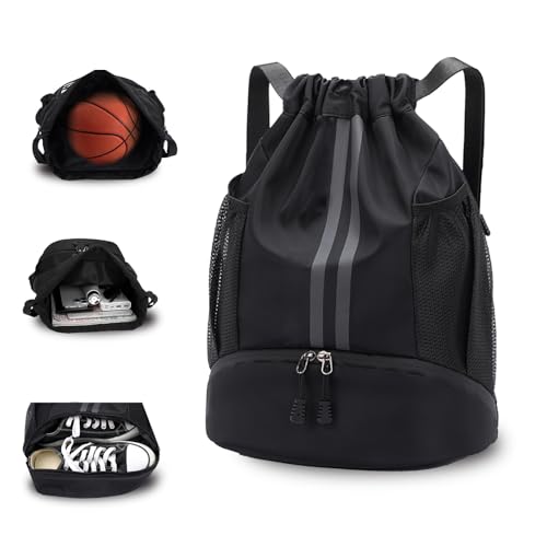 Drawstring Backpack with Shoe Compartment,Water Resistant Sports Gym Bag,String Bag for Men Women,Soccer,Basketball - color: Black