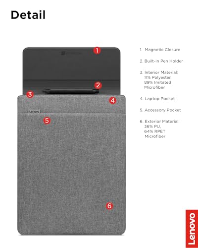 Lenovo Slim Laptop Sleeve 14 Inch Notebook/Tablet - Compatible with MacBook Air/Pro - Eco-Friendly Lightweight Case with Accessory Pocket & Magnetic Closure - Grey - color: Grey, size: 14.5-inch