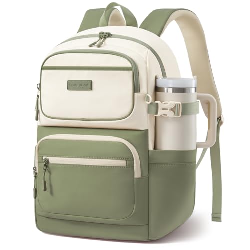 LOVEVOOK School Backpack for Teen Girls & College Students, Large Capacity Laptop Backpack with Water Bottle Holder, Lightweight Bookbag for School, Travel & Everyday Use, Beige-Pea Green - color: Beige-pea Green, size: 15.6 inch
