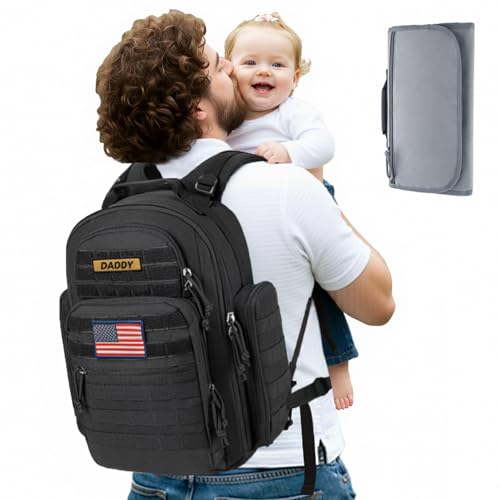 SHARKMOUTH Dad Diaper Bag Military - Large Baby Diaper Backpack with Changing Pad for Travel Camping Trips Park - Newborn Baby Shower Gifts Black - color: Black W/ Changing Pad
