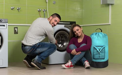 Turquoise Laundry Backpack with Mesh Pocket, Adjustable Straps and Drawstring Closure - Large Portable Hamper for College, Apartment and Laundromat - color: Turquoise