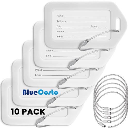 BlueCosto - Luggage Tags - White, 10 Pack - Suitcase Tags with Name ID Card & Heavy-Duty Metal Wire Loops - Bright Colored PVC Identifiers for Travel Baggage - Backpack Name Labels - color: White, size: 10