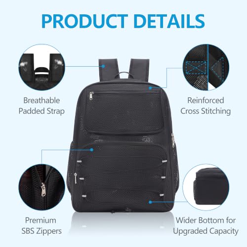 Paxiland Mesh Backpack Heavy Duty See Through Mesh Bookbag Large Backpack 19×14×9‘’ for School Travel Swimming Outdoor Sports Beach, Black Plus-40L - color: Black Plus-40l