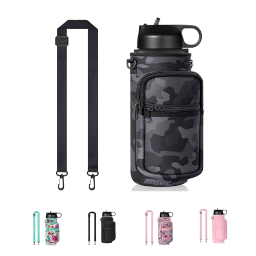 Water Bottle Holder with Strap, Insulated Crossbody Sling Bag, Carrier with Phone Pocket for Walking Hiking Camping Fishing - color: Camo Black, size: 32oz Short