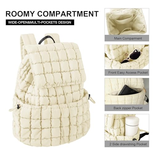 XSUIOY Quilted Backpack Purse for Women Small Lightweight Puffer Puffy College Laptop Backpack Nylon Casual Bookbag Daypack Top Flap Drawstring Padding Hiker Travel Gym Backpack(Beige) - color: Beige