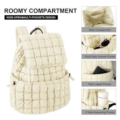 XSUIOY Quilted Backpack Purse for Women Small Lightweight Puffer Puffy College Laptop Backpack Nylon Casual Bookbag Daypack Top Flap Drawstring Padding Hiker Travel Gym Backpack(Beige) - color: Beige