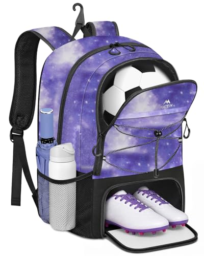 MATEIN Girls Soccer Backpack, Large Basketball Bag with Ball Holder & Shoe Compartment for Tournament & Game Day, Lightweight Youth Sports Bag with Fence Hook Fits 15.6 Inch Laptop, Soccer Team Gifts - color: Galaxy Purple