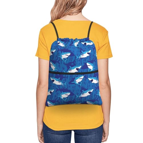 JOOCAR Shark Drawstring Bag Blue Ocean Sea Backpack Draw String Bags Waterproof Lightweight Sports Gym Beach Sackpack Zipper Pocket for Men Women - color: B3