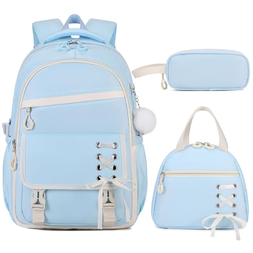 Scothen 3PCS Girls Backpack for School, Kids Backpack for Girls with Lunch Bag Pencil Case, Kids Bookbag Teen Backpacks for Elementary Middle High School (Blue) - color: Blue