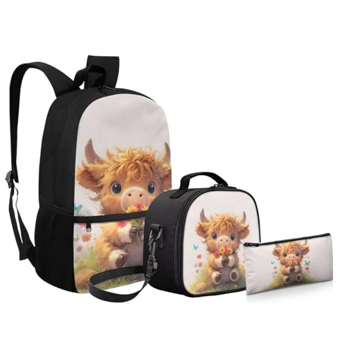 Kids Backpack 3 PCS Set Cartoon Highland Cow Backpacks Set for Boys Girls 3 in 1 School Bag Bookbag with Lunch Box Pen Bag Set for Elementary Kindergarten - color: Highland Cow
