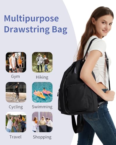 WANDF Drawstring Backpack Sports Gym Bag with Shoes Compartment, Water-Resistant String Beach Sackpack Swim Bag for Women and Men (Black) - color: Black