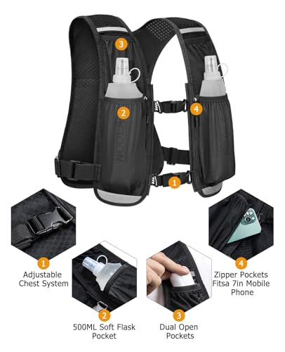NOOLA Running Vest with Dual 500ml Soft Flask, Lightweight Hydration Vest for Women Men, Water Backpack with Adjustable Strap