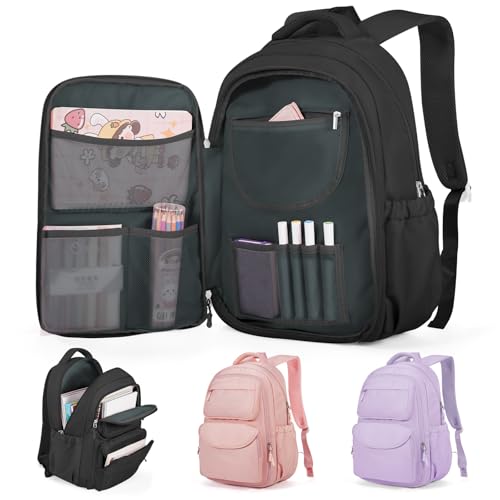 Cute Black Backpack For School Teens Girls Boys, Aesthetic Kids Elementary School Backpacks, Waterproof Middle Students Bookbag, Large Capacity Backpack For College Women Men - color: Black