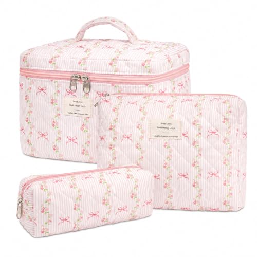 honitty Makeup Bag,Quilted Cosmetic Bags,Large Floral Make Up Organize bag,Makeup Bag Set for Women,Flower Travel Toiletry Bag - color: Striped Bow Tie