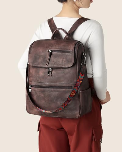 FADEON Laptop Backpack for Women Leather Travel Backpack with Laptop Compartment, Designer Ladies Computer Backpacks Coffee - color: Coffee Brown Retro Style