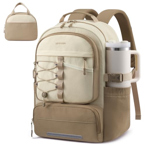 LOVEVOOK School Backpack for Teen Girls, 2PCS Cute Student Kids Bookbag Purse for Middle High School with Lunch Bag & Pens Compartment, Large Capacity College Student Backpacks, Fits 15.6'' Laptop - color: Khaki Beige, size: Medium with lunch bag