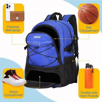DAFISKY Basketball Backpack Sports Bag | Basketball Bag with Shoe Compartment and Ball Holder, 30L Large gym bag for boys girls - color: Blue