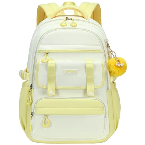 School Backpack for Girls, Laptop Backpack 15.6 Inch Kids Elementary Middle High School Bag Anti Theft Cute College Bookbags for Teens Girls Women Students Casual Travel Daypack,Yellow Beige - color: Yellow