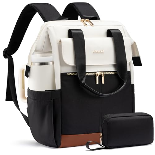 LOVEVOOK Laptop Backpack for Women, 15.6 Inch Work Laptop Bag with USB Port, Fashion Teacher Nurse Backpack Purse, Waterproof Travel Computer Backpack with Organizer Bag, 2PCS, Beige-Black - color: Beige - Black, size: 15.6" - 2pcs