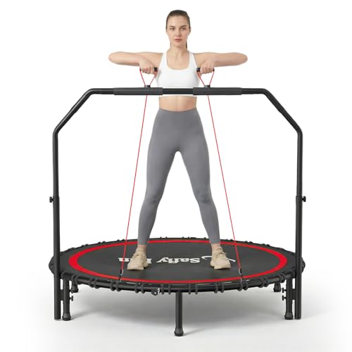 40''/45''/50'' Rebounder Trampoline for Adults, 450-550 lbs Foldable Mini Trampoline with Handle – Indoor Outdoor Fitness Trampoline with Resistance Bands for Cardio, Balance & Family Exercise - color: Black-Red, size: 50"
