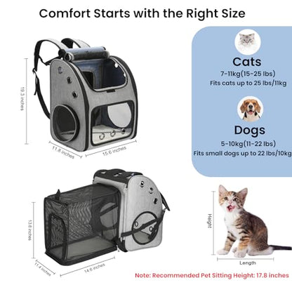 Expandable Cat Carrier Backpack, Large Space,Airline Approved, XL | Pet Backpack Carrier for Small Cats & Dogs up to 25 lbs, Travel Backpack for Hiking/ Vet, 4 Entrances, Breathable Ventilated - color: Grey-XL
