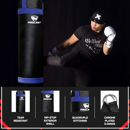 4 ft 80lb Heavy Boxing Punching Bag, Muay Thai, MMA, Strength Training Equipment, Hanging, Rhino Logo, Two Tone - color: Black / Blue, style: Filled