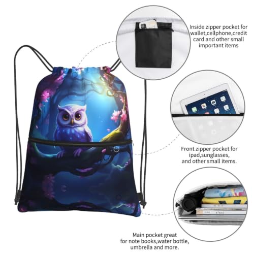 Cartoon Cute Owl Prints Drawstring Zipper Backpack Lightweight Sport Gym Bag Water-Resistant Travel Throw Cover for Men Women Teens