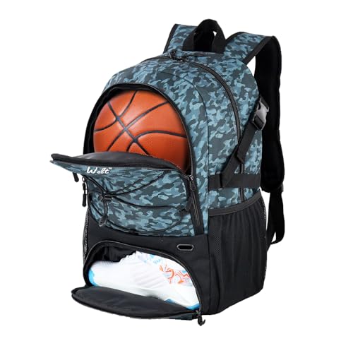 WOLT Basketball Backpack Large Sports Bag with Separate Ball Holder & Shoes Compartment, Best for Basketball, Soccer,Gym - color: Camouflage Grey