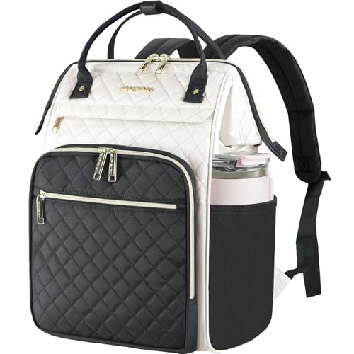 EMPSIGN 17 Inch Laptop Backpack for Women, Work Business Travel Computer College Bags, Large Capacity Water-repellent Quilted Casual Daypack, Beige-Black - color: Beige/Black, size: 17 inch