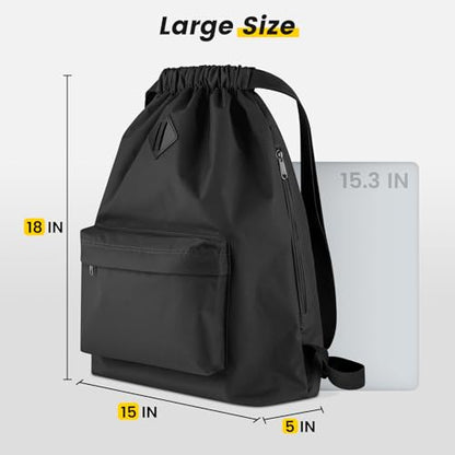 Vorspack Drawstring Backpack Water Resistant String Bag Sports Gym Sack with Side Pocket for Men Women - color: 01-black