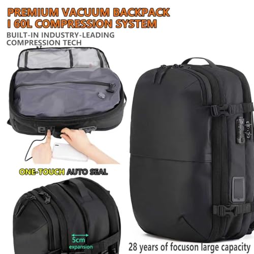 LIGHTGO] Travel-friendly Vacuum Packing Backpack with Built-in Air Pump, Portable Compression Cube, TSA-approved Lock, and Waterproof for College Students and Family Trips.
