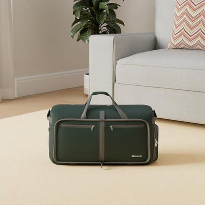 Gonex Large Foldable Travel Duffle Bag with Shoes Compartment, Packable Lightweight Water Repellent Duffel Bag for Camping Gym Weekender Bag - color: Dark Green, size: 80L