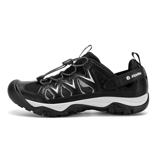 FitVille Wide Walking Sandals for Men, Orthopedic Diabetic Sandals with Arch Support Closed Toe Hiking Sandals Shoes for Summer Outdoor - color: Black, size: 8 Wide