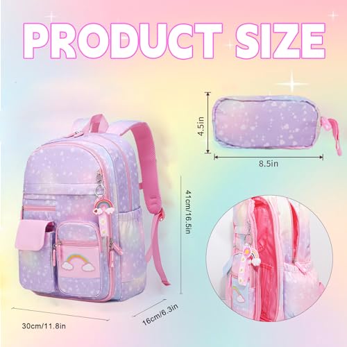 School Backpack for Girls Rainbow Backpack Cute Backpack for Back to School Laptop Travel Bag With pencil Case for Travel Camping Hiking (Purple Set) - color: Purple Set