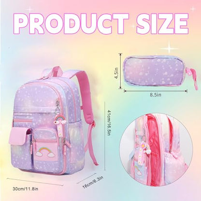 School Backpack for Girls Rainbow Backpack Cute Backpack for Back to School Laptop Travel Bag With pencil Case for Travel Camping Hiking (Purple Set) - color: Purple Set