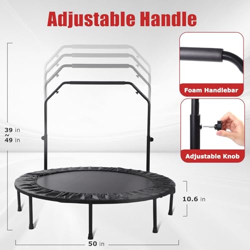 Rebounder Trampoline for Adults, 40"/50" Foldable Spring Fitness Trampoline - 450 lbs Capacity, Quiet & Stable Indoor/Outdoor Exercise Equipment for Cardio Workout - style: 50" WITH BAR
