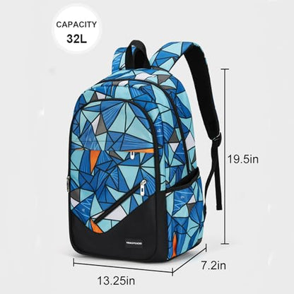 Boys' Large School Backpack, for 8-16 Years Old, Elementary - High School (Geometric Blue, Large：19.5×7.2×13.25 inch) - color: Geometric Blue