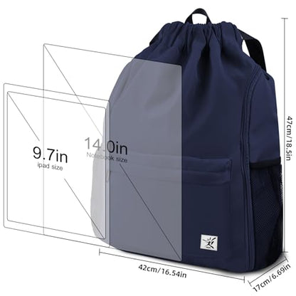 Drawstring Backpack with Mesh Pockets String Gym Bag Sackpack Sandproof Water Resistant Beach Backpack for Men Women - color: Midnight Blue
