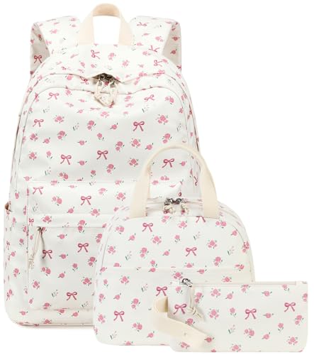 Bluboon Teen Girls School Backpack Kids Bookbag Set with Lunch Box Pencil Case Travel Laptop Backpack Casual Daypacks (Beige bow tie) - color: Beige Bow Tie