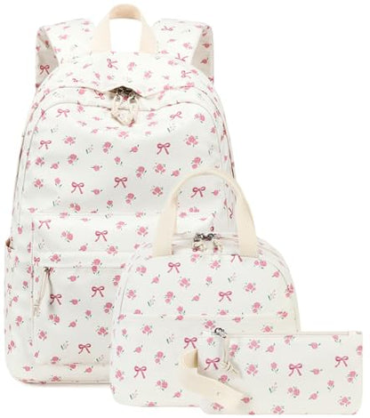 Bluboon Teen Girls School Backpack Kids Bookbag Set with Lunch Box Pencil Case Travel Laptop Backpack Casual Daypacks (Beige bow tie) - color: Beige Bow Tie