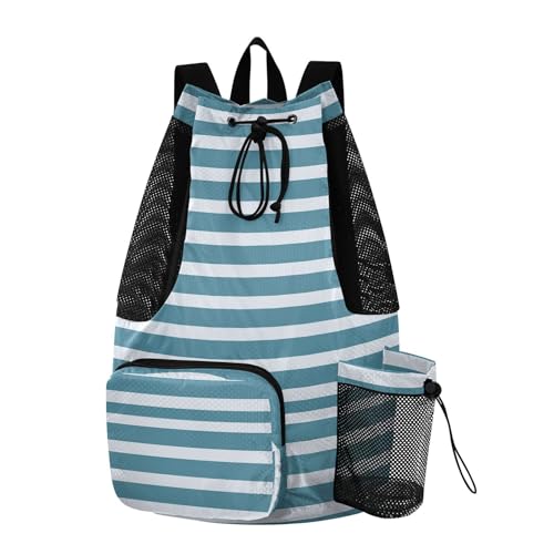 JUNZAN Teal Green Striped Drawstring Backpack Sport Gym Sackpack With Water Bottle Pocket Athletic Cinch Sack Wet and Dry Separation