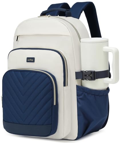 Large Laptop Backpack Bookbag for Women, Multi Compartment Teen Girls School Backpack for College High School Students Teacher Nurse Work Back Pack Travel Carry On, WhiteNavy - color: Navy, size: 15.6in