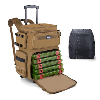 Goture 66L Rolling Tackle Box w/Cooler, Khaki Large Fishing Bag w/Wheels - color: Khaki, size: With (5) 3700 Trays