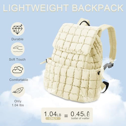 izuzta Quilted Puffer Backpack for Women, Lightweight Soft Nylon Quilted Hiker Pack, Trendy Puffy Padding Gym Backpack, Travel Bag for Casual Daypack Hiking Sport (Beige) - color: Beige