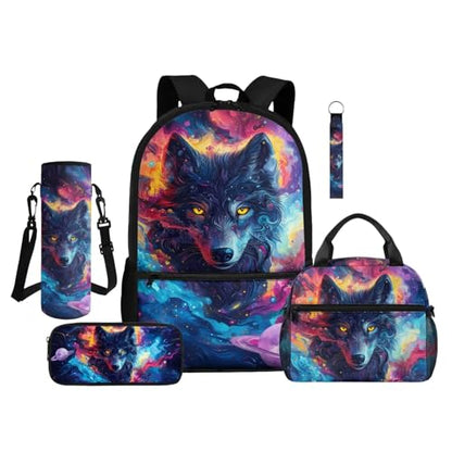 ZDCUSTOM Cosmic Wolf Backpack Sets for Boys, School Backpack with Lunch Box for Kids, Elementary Bookbag with Pencil Case, Water Bottle Sleeves, Keychain, Back to School Gear for Boys Age 8-10 - color: Cosmic Wolf