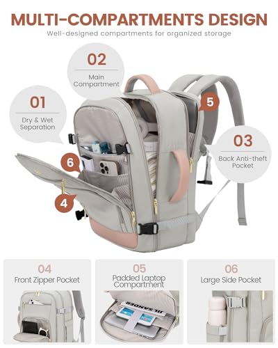 LOVEVOOK Large Travel Backpack For Women, 50L Carry On Backpack Flight Approved, TSA Personal Item Bag, Waterproof Laptop Backpack Fits 18 Inch Laptop, Business Weekender Overnight With 3 Cubes, Grey - color: Pink-grey, size: 50l-18 Inch-4pcs