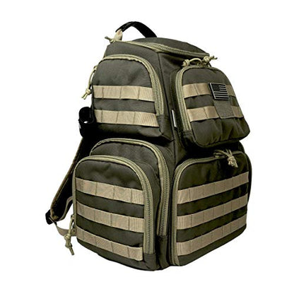 K-Cliffs Tactical Range Backpack – Lockable Bag for 5 Handguns Pouches – 900D Water‑Resistant with Rain Cover & USA Patch - color: Khaki With Eva Cradle