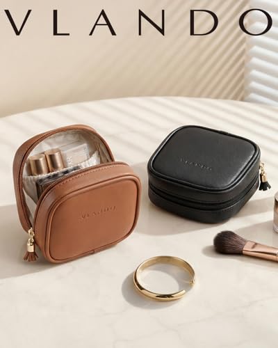VLANDO Small Make up Bag,Mini Water-Resistant Pouch with Pockets | Stores Lipstick,Small Toiletries,Gift for Women,Ideal for Purse,Commute,Travel - color: Dark Brown