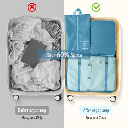 9 Set Packing Cubes for Travel Essentials - Lightweight Carry-On Luggage Organizer Bags with Shoe, Clothes & Laundry Bags for Airplane, Family & Business Travel, Lake blue - color: Lake blue